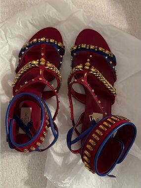 Valentino Red and Blue Jeweled Leather Heels